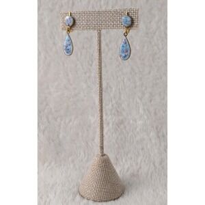 Blue Enamel Teardrop Clip On Earrings Gold Tone Vintage Style